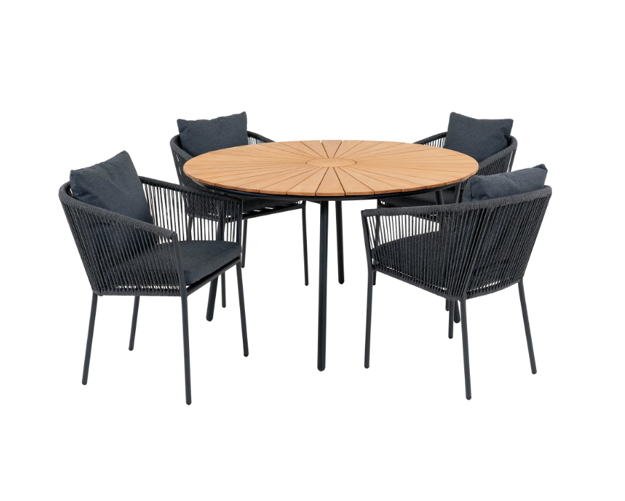 House Nordic Cleveland & Salerno Tuinset – Tuintafel + 4 Dining Stoelen – Teak & Aluminium – Zwart/Grijs/Naturel